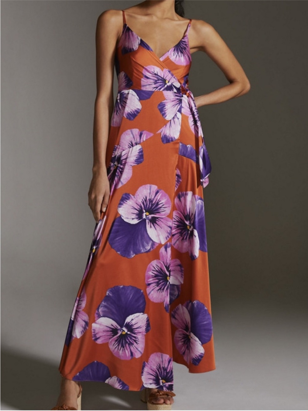 NWT Hutch Women’s Orange Floral Maxi Wrap Dress with Purple Print